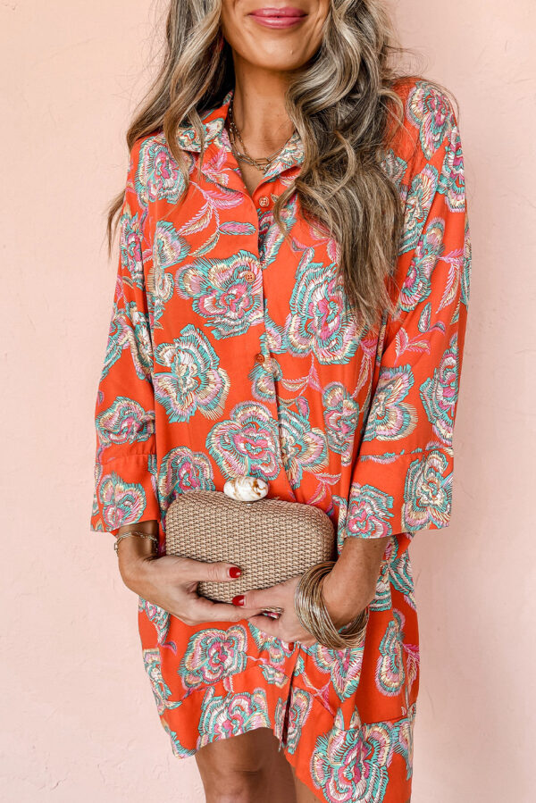 Black Floral Print Lapel Collar Loose Shirt Mini Dress - Image 4