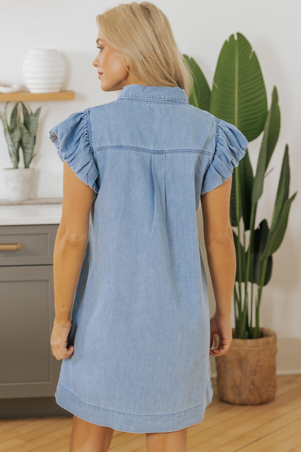 Beau Blue Flutter Sleeve Shirred Detail Button Up Denim Mini Dress - Image 2