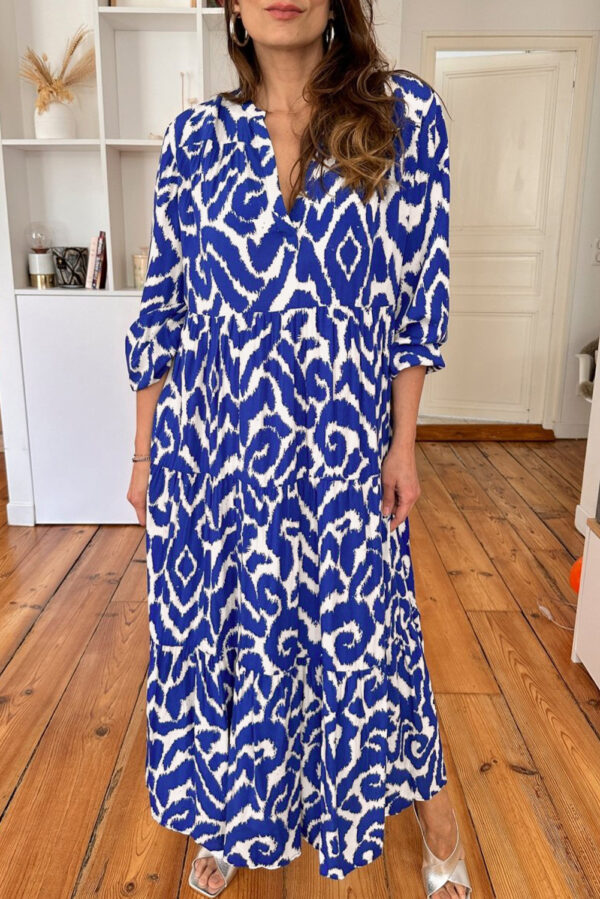 Blue Western Abstract Geometric Printed Maxi Dress - Image 3