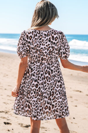 Brown Leopard Tied Front Keyhole Puff Short Sleeve Mini Dress