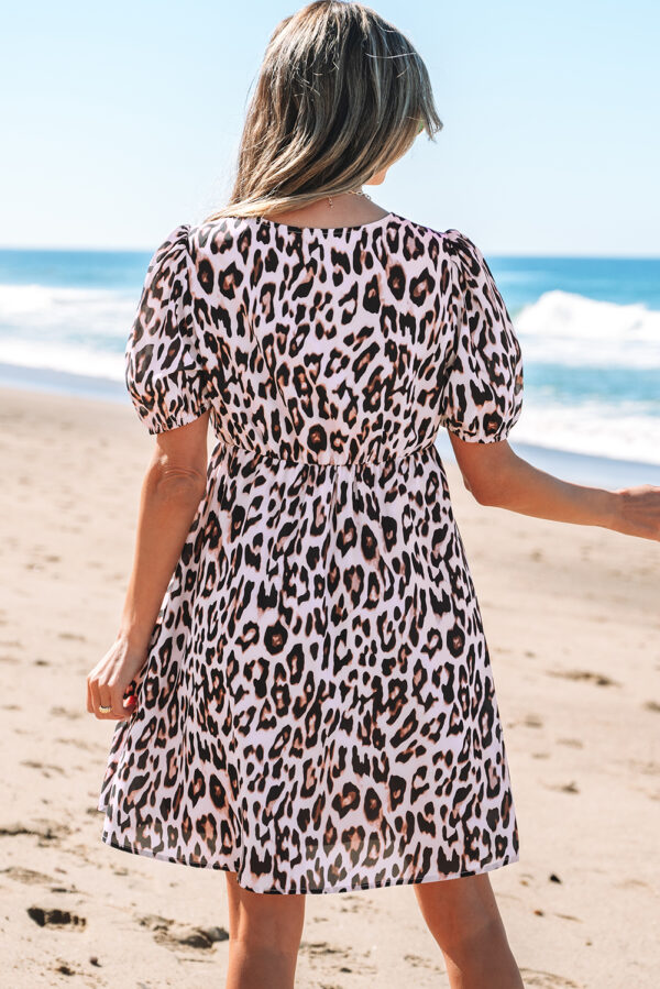 Brown Leopard Tied Front Keyhole Puff Short Sleeve Mini Dress - Image 2