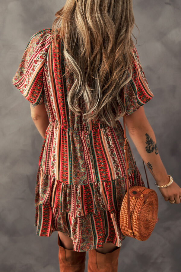 Red Bohemian Floral Print Buttoned V Neck Ruffle Tiered Dress - Image 2