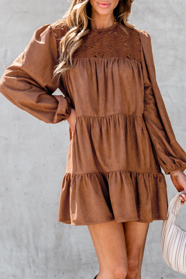Chestnut Floral Lace Crochet Tiered Ruffled Mini Dress - Image 3
