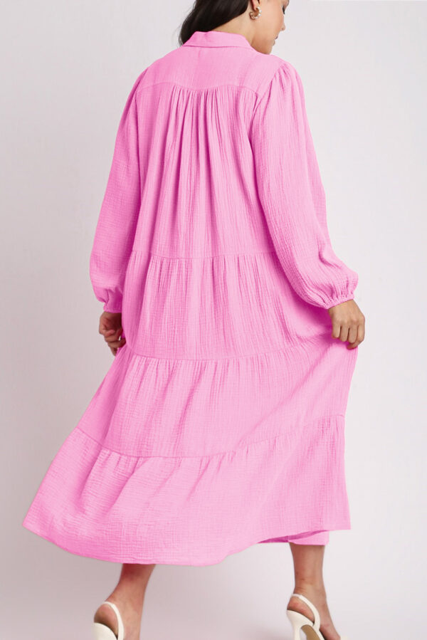 Bonbon Solid Collared V Neck Tiered Loose Fit Midi Dress - Image 2