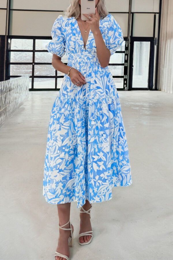 Sky Blue Floral V Neck Puff Short Sleeve Flowy Long Dress - Image 2