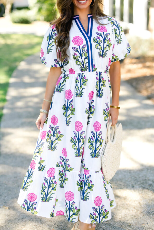 White Floral Puff Short Sleeve V Neck High Waist Maxi Dress - Image 2