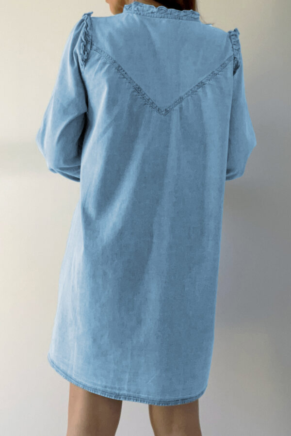 Myosotis Ruffled V Neck Buttoned Shift Denim Dress - Image 2