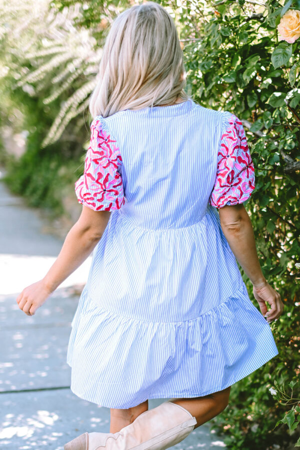 Sky Blue Stripe Contrast Floral Puff Sleeve Tiered Ruffle Dress - Image 2