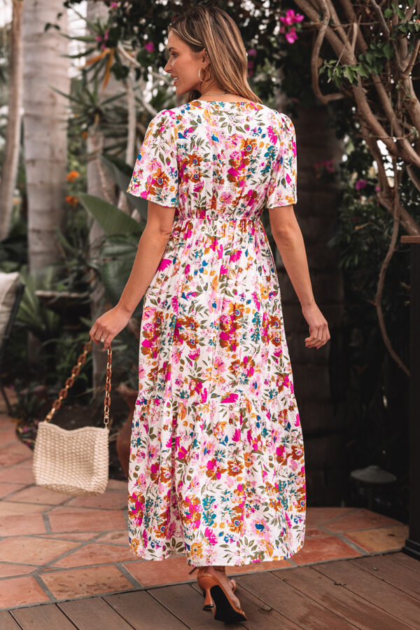 Red Floral Short Sleeve V Neck High Waist Maxi Dress - Image 2