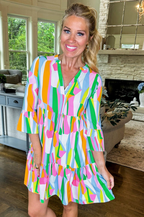 Green Abstract Print Ruffled Sleeve V Neck Dress - Image 3
