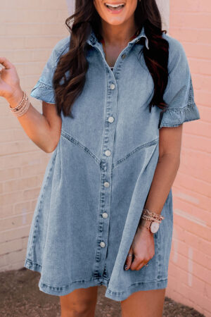 Light Blue Frilled Short Sleeve Button Up Loose Denim Shirt Dress