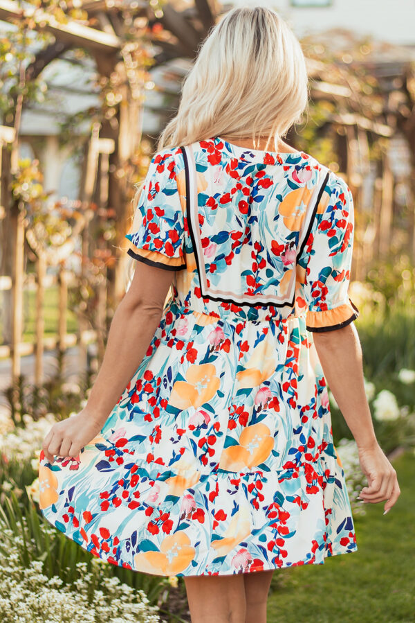 Green Floral Print Zipper Ruffled Short Sleeve High Waist Mini Dress - Image 2