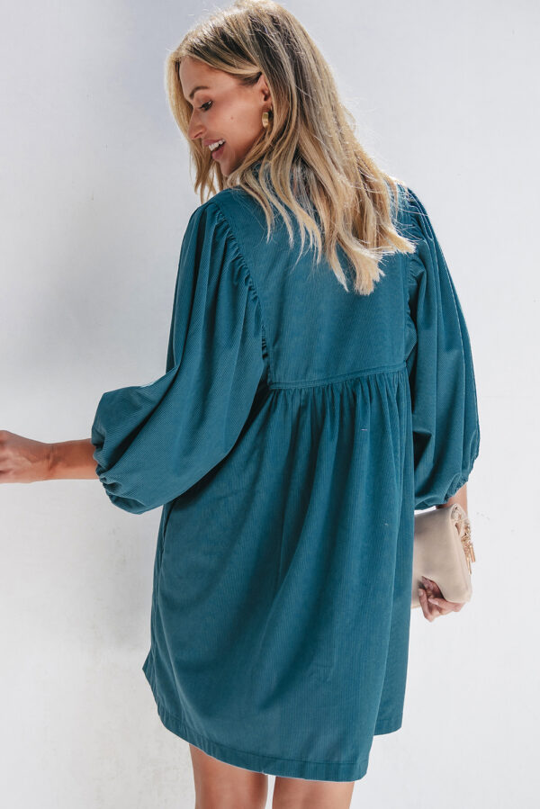 Gold Flame Corduroy Snap Buttons Empire Waist Bracelet Sleeve Dress - Image 5