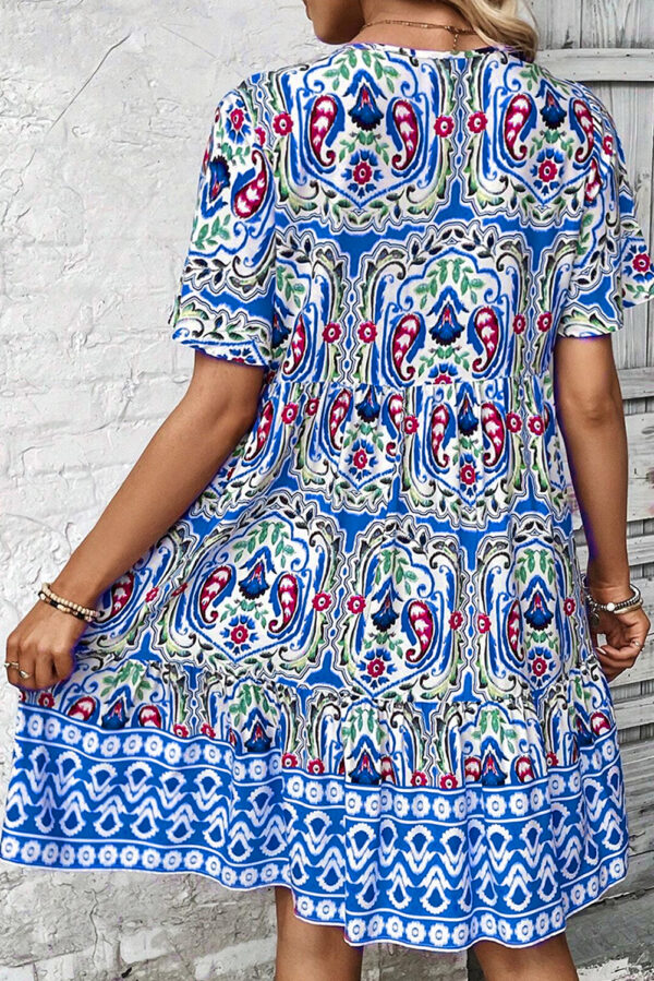 Pink Bohemian Print Tie Neck Ruffle Hem Short Dress - Image 5