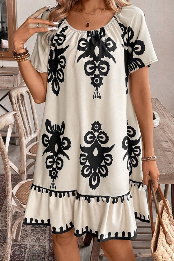 Apricot Western Print Ruffled Short Sleeve Loose Dress - Image 3