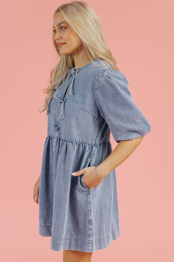 Dusk Blue Bowknot Bubble Sleeve Short Denim Dress - Image 2