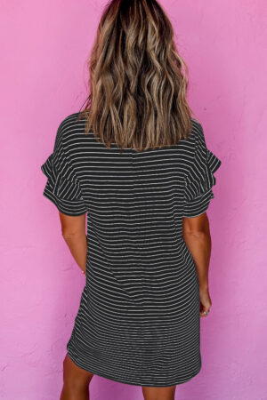 White Stripe Ruffled Short Sleeve Crew Neck T Shirt Shift Mini Dress