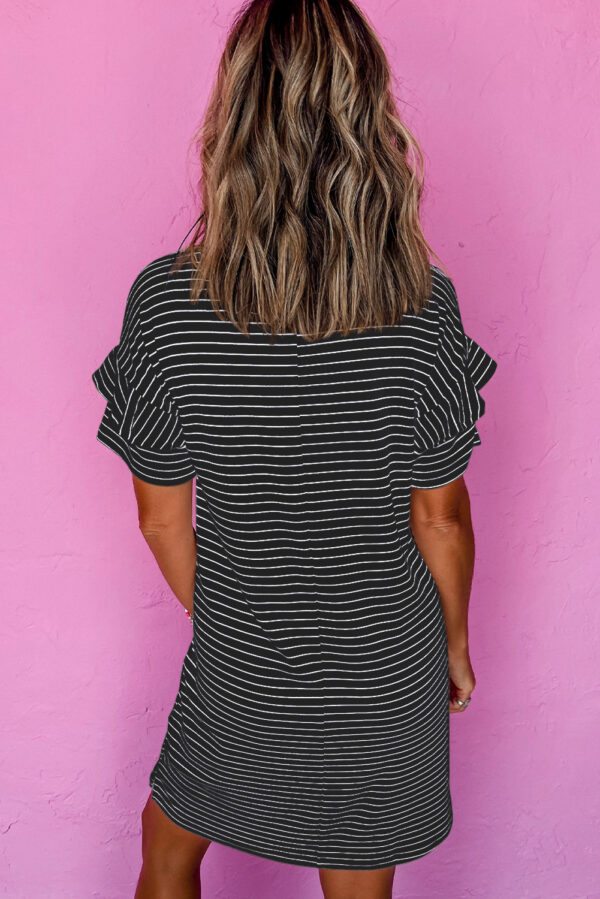 White Stripe Ruffled Short Sleeve Crew Neck T Shirt Shift Mini Dress - Image 5