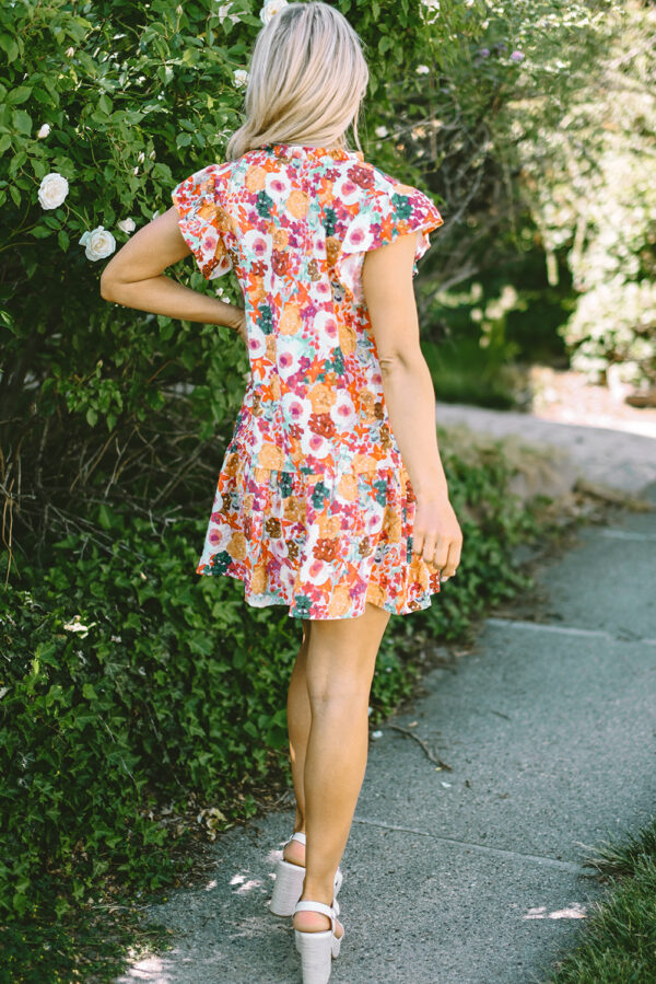 Purple Floral Print Split Neck Flutter Sleeve Dress - Image 3