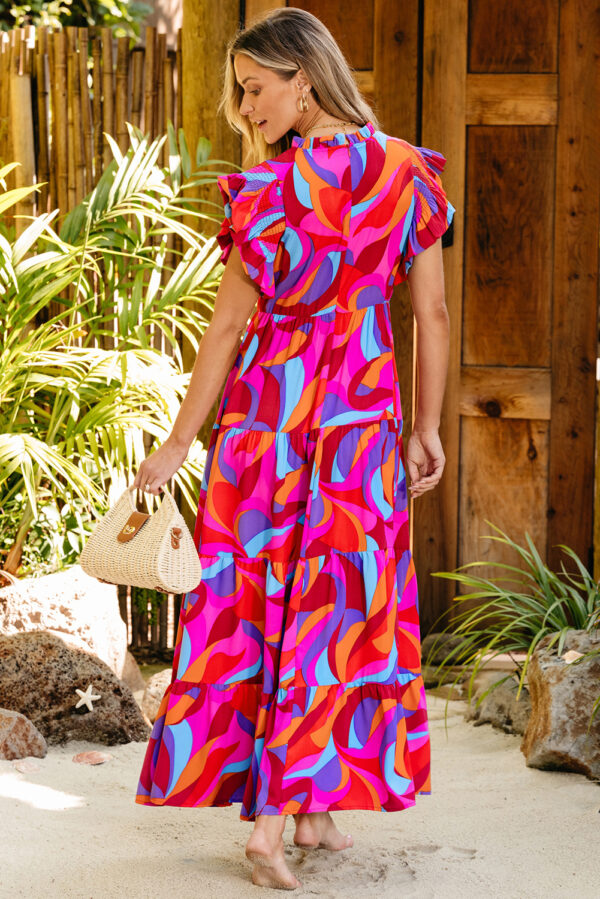 Orange Abstract Printed High Waist Ruffle Tiered Long Dress - Image 2