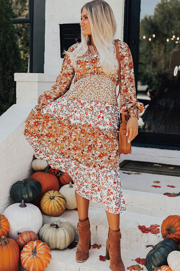 Khaki Floral Print Ruffled Tiered Long Sleeve V Neck Midi Dress - Image 3