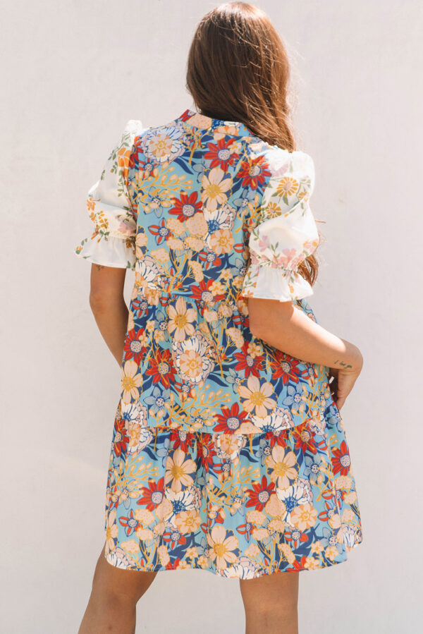 Multicolour Boho Floral Print Crochet Patchwork V Neck Loose Mini Dress - Image 2