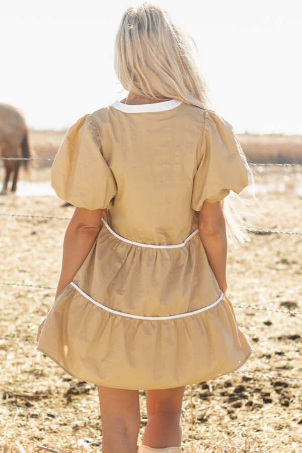 Pale Khaki Contrast Trim Pintuck Puff Sleeve Tied Neck Short Dress - Image 2