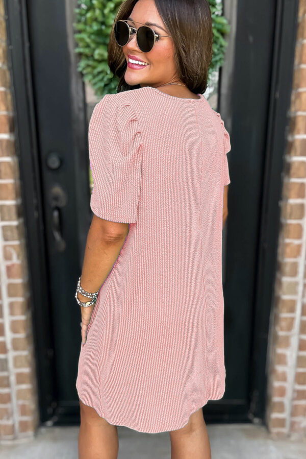 Mint Green Corded Knit Crew Neck Puff Sleeve Shift Mini Dress - Image 8