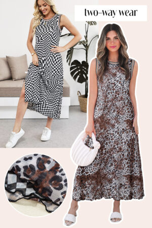 Multicolour Leopard Checkered Double Printed Reversible Sleeveless Long Dress