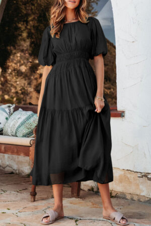 Pink Puff Sleeve Pleated High Waist Flowy Midi Dress