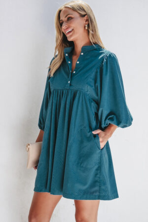 Gold Flame Corduroy Snap Buttons Empire Waist Bracelet Sleeve Dress