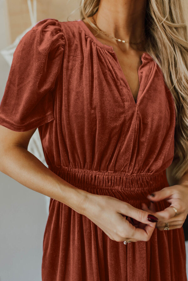 Chestnut Velvet Short Sleeve Shirred Waist Tiered Maxi Dress - Image 3