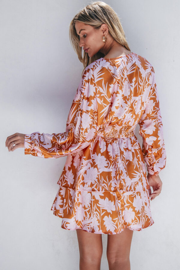 Brown Floral Puff Sleeve Smocked Waist Layered Dress - Image 2
