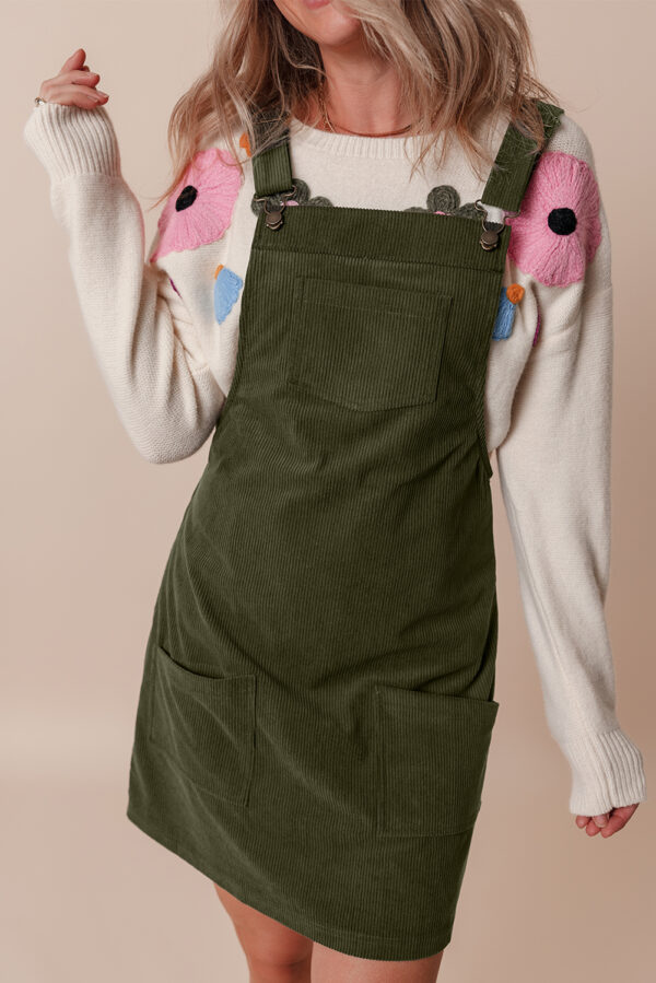 Black Solid Front Pockets Sleeveless Corduroy Overall Dress - Image 7