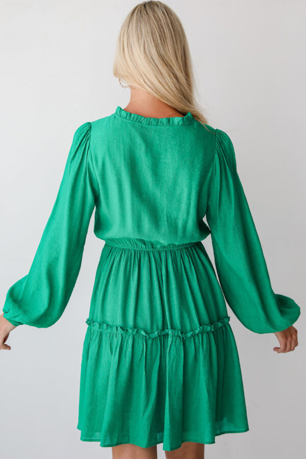Sea Green Frilly V Neck Puff Sleeve Drawstring Shift Mini Dress - Image 2