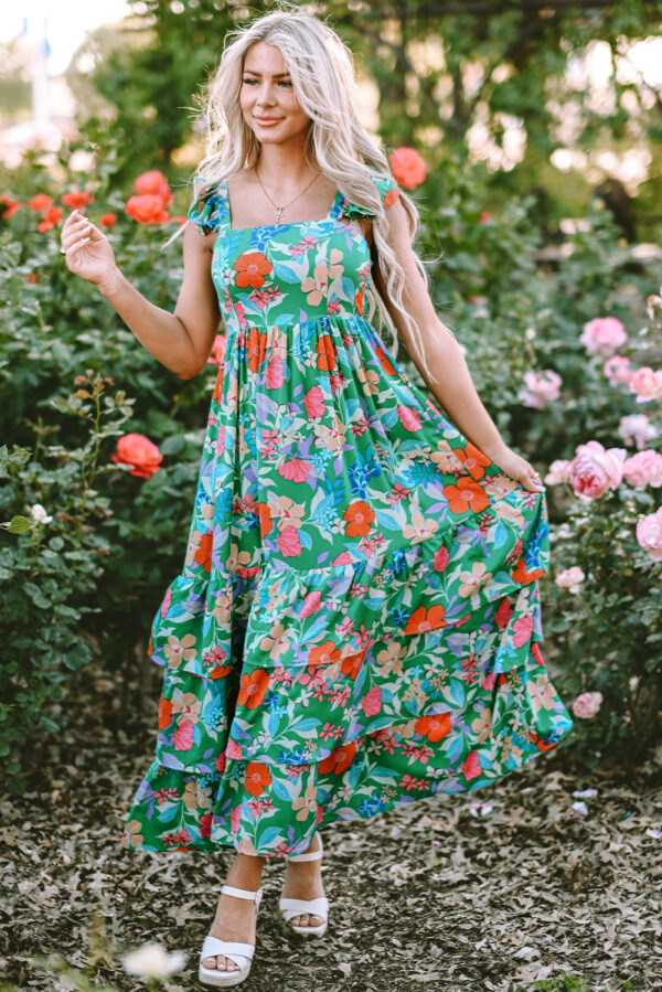 Green Floral Print Sleeveless Ruffle Tiered Maxi Dress - Image 2