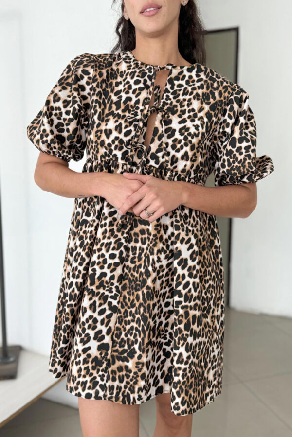Multicolour Leopard Tie Front Puff Sleeve Short Flared Dress - Image 2