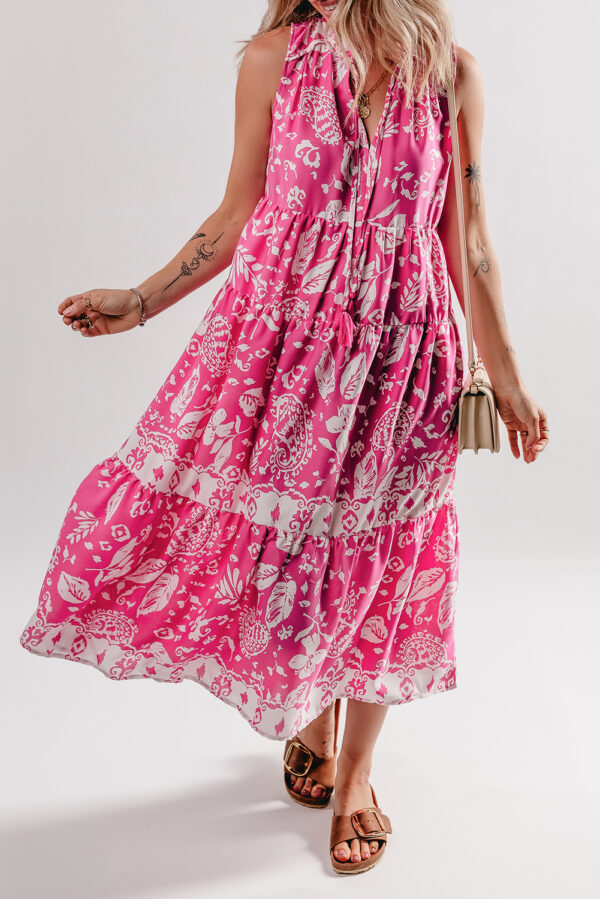 Rose Floral Sleeveless Tasseled Lace-up Neck Tiered Midi Dress - Image 3