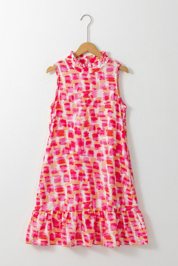 Pink Abstract Print Frilly Neck Sleeveless Mini Dress - Image 3