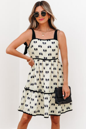 White Bow Knot Color Contrast Trim Knotted Shoulder Mini Dress