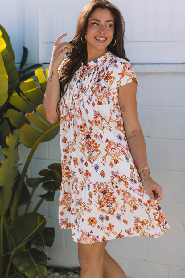 Apricot Floral Geometric Print Ruffled Trim Flutter Sleeve Mini Dress - Image 3