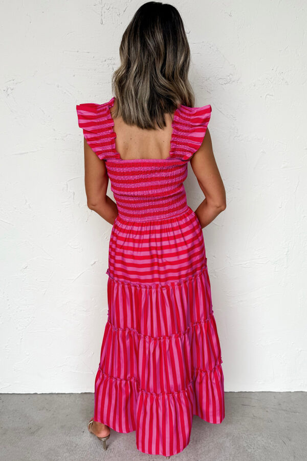 Rose Stripe Flutter Sleeve Smocked Bodice Tiered Maxi Dress - Image 2