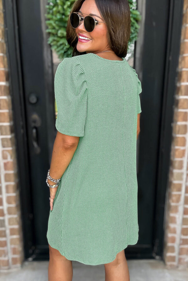Mint Green Corded Knit Crew Neck Puff Sleeve Shift Mini Dress - Image 2