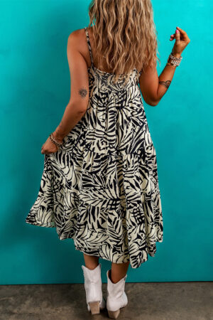 Khaki Tropical Palm Print Wrapped V Neck Spaghetti Straps Tiered Dress
