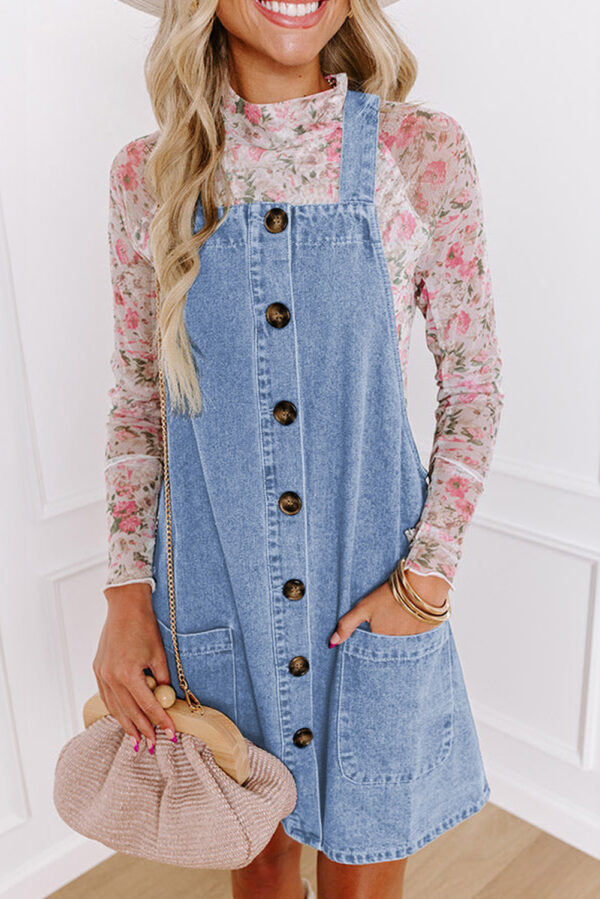 Dusk Blue Wide Strap Button Front Pocketed Denim Mini Dress - Image 7