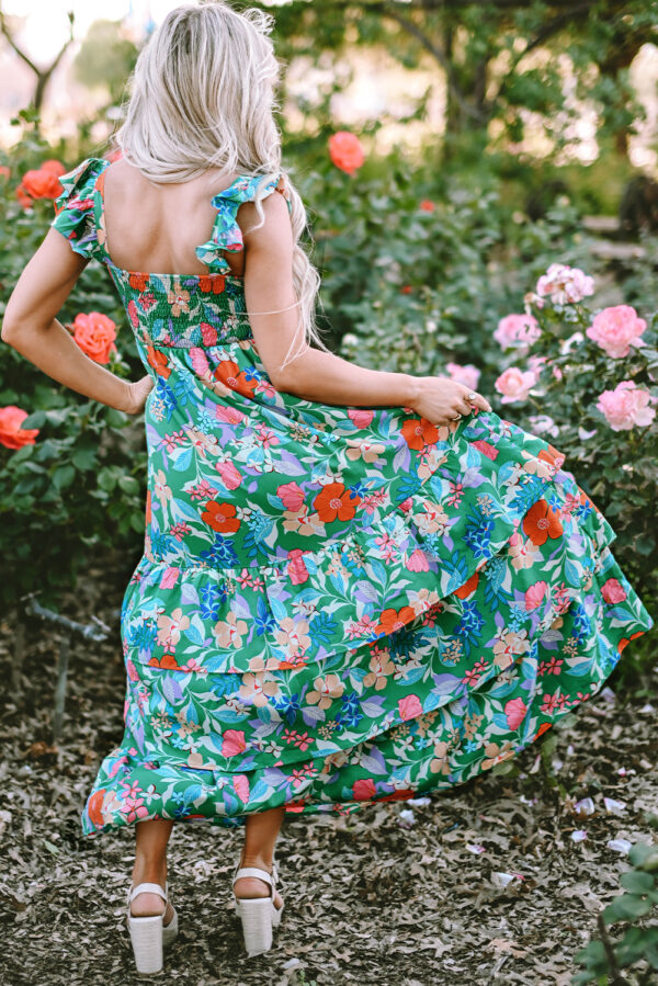 Green Floral Print Sleeveless Ruffle Tiered Maxi Dress - Image 3