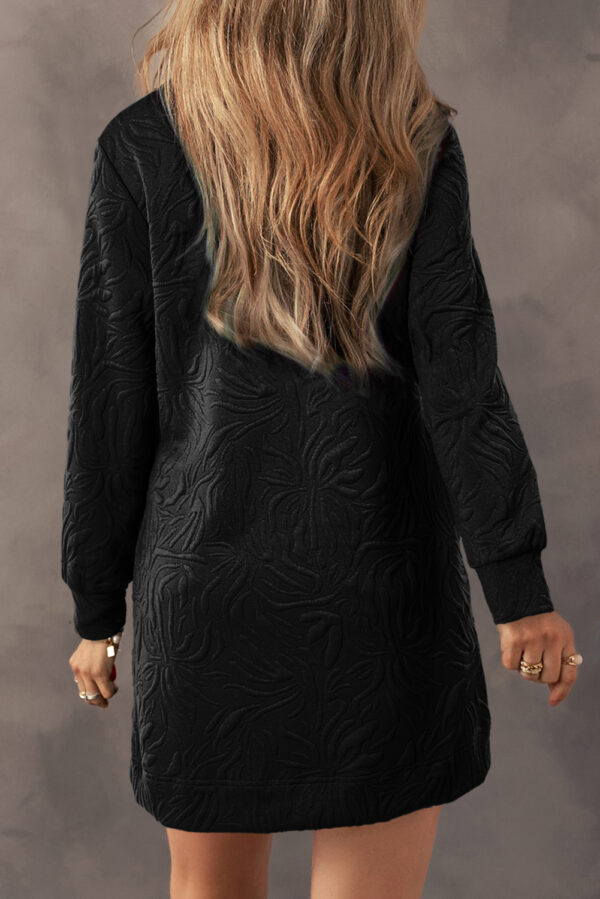 Black Jacquard Textured Quarter Zipper Shift Mini Dress - Image 2