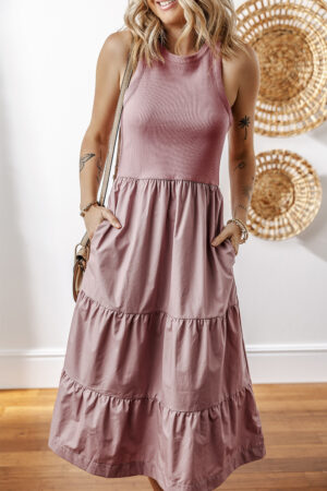 Myosotis Ribbed Vest Patchwork Tiered Midi Dress with Pockets