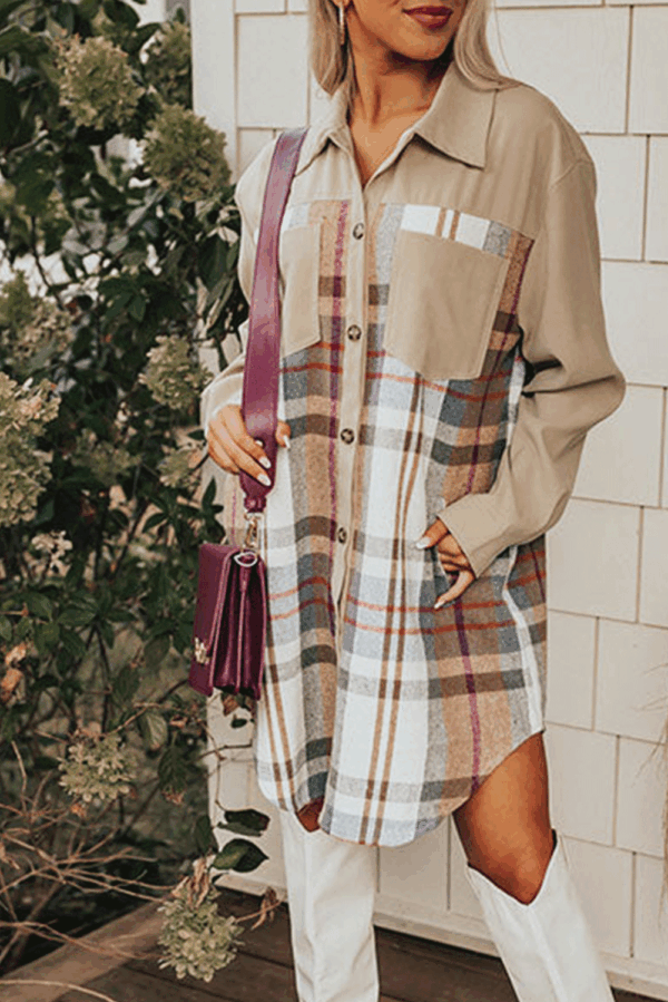 Khaki Plaid Patchwork Long Sleeve Shirt Mini Dress - Image 4