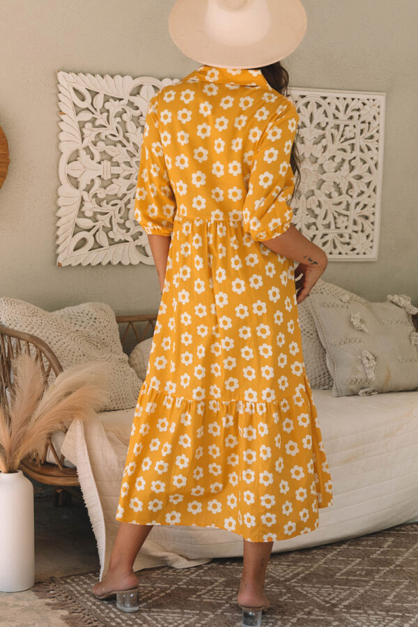 Yellow Flower Print Bracelet Sleeve Buttons Collared Maxi Dress - Image 2